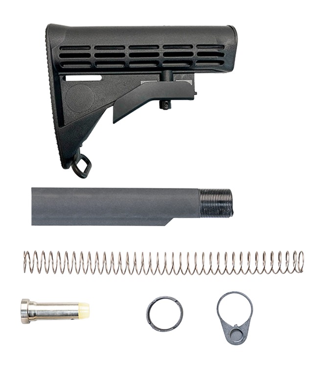 Adjustable rifle stock assembly with buffer tube and spring