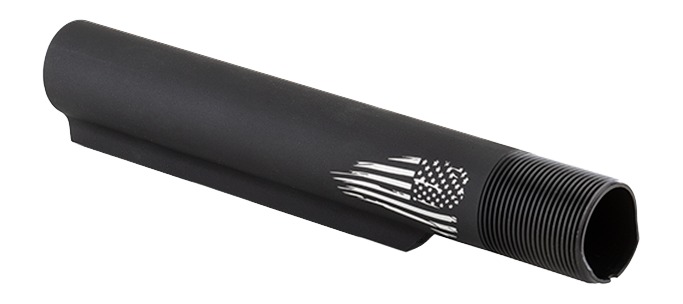 Black threaded firearm barrel shroud with American flag engraving