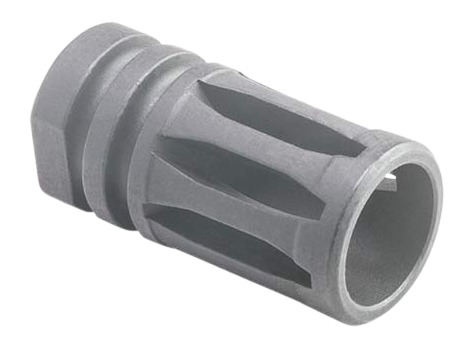 Gray rifle muzzle brake with angled ventilation slots