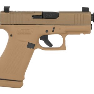 Tan semi-automatic pistol with threaded barrel and raised sights