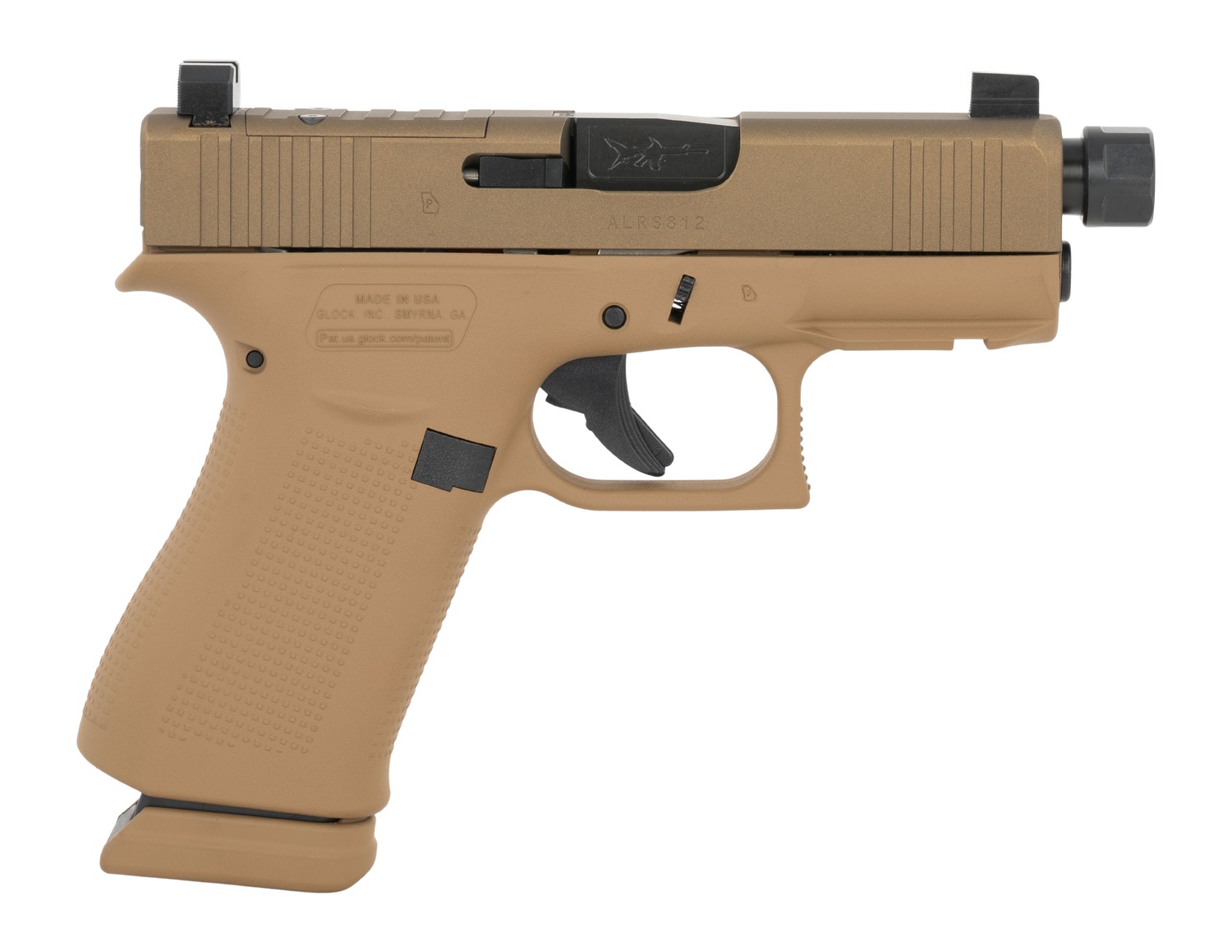 Tan semi-automatic pistol with threaded barrel and raised sights