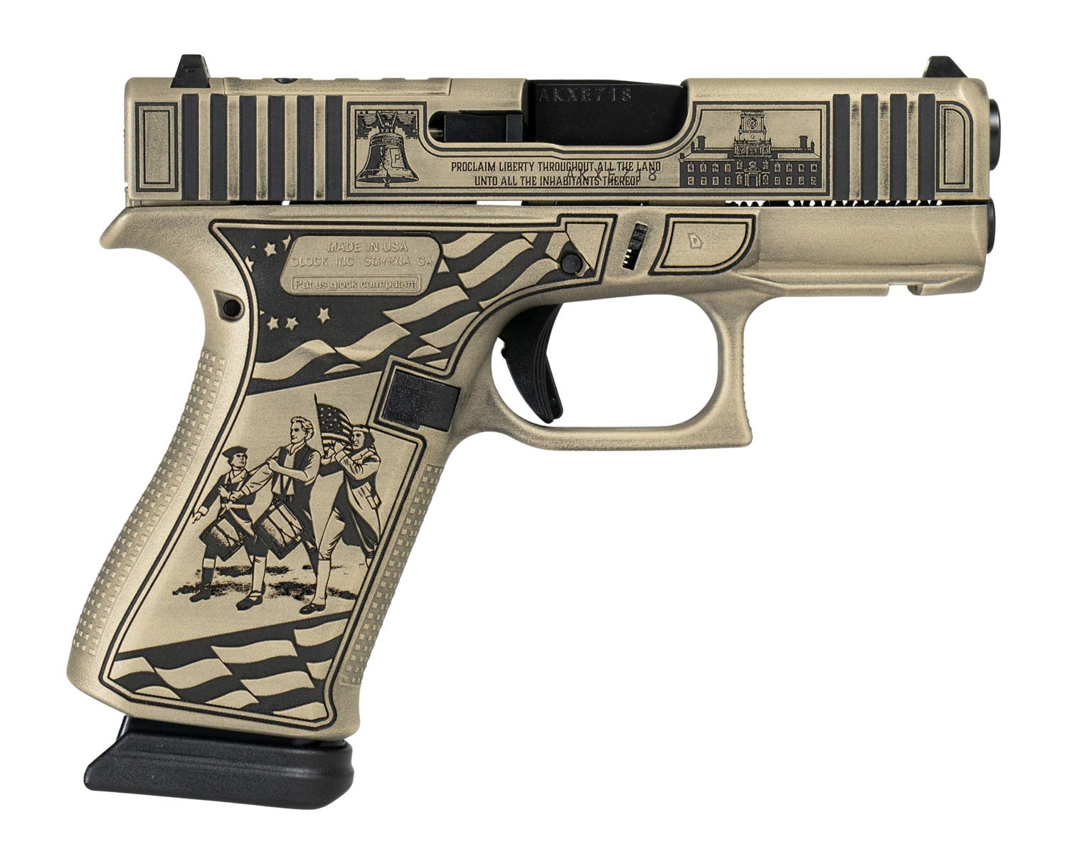 Patriotic engraved Glock pistol with Liberty Bell and colonial figures