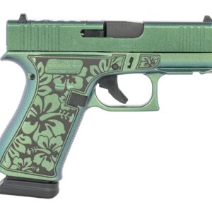 Green floral-patterned semi-automatic pistol on white background