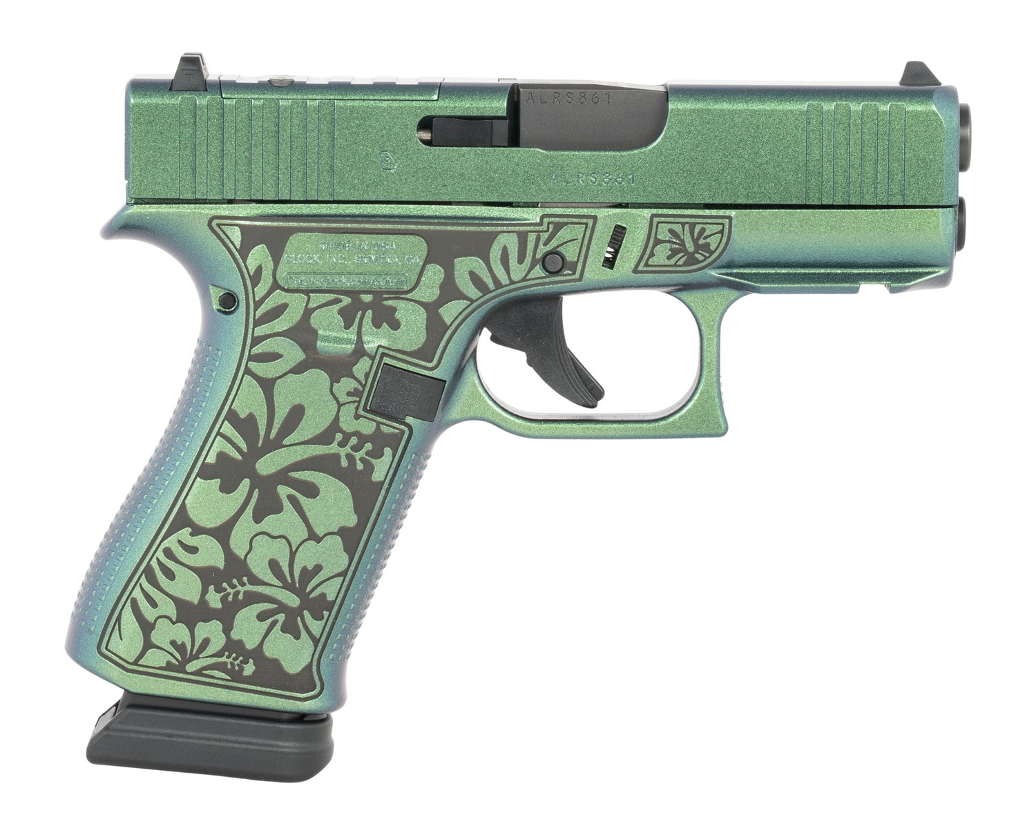 Green floral-patterned semi-automatic pistol on white background