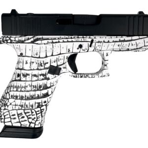 Black pistol with white crocodile-patterned grip and frame