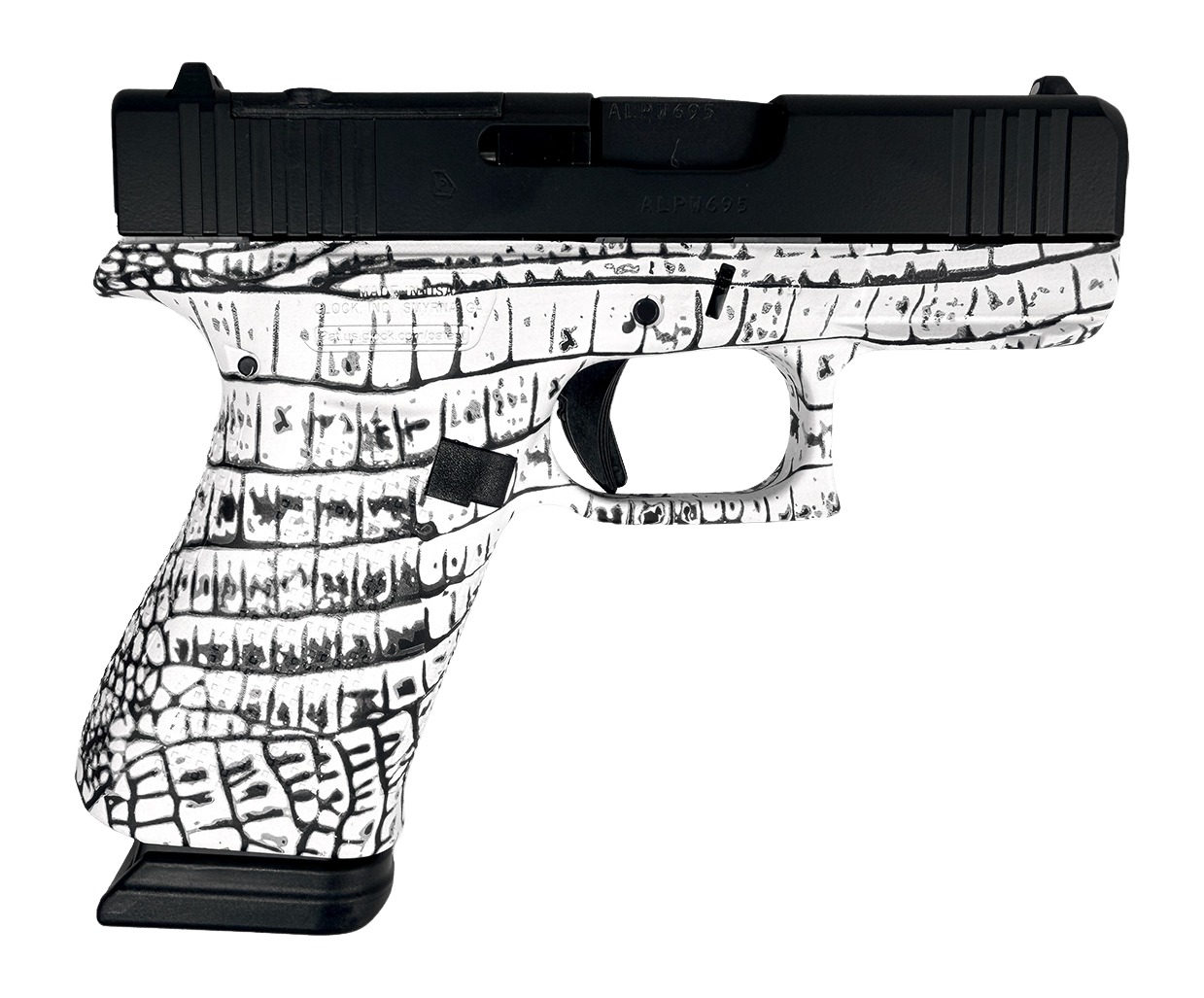 Black pistol with white crocodile-patterned grip and frame