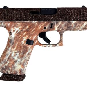 Compact pistol with brown camo grip and dark slide
