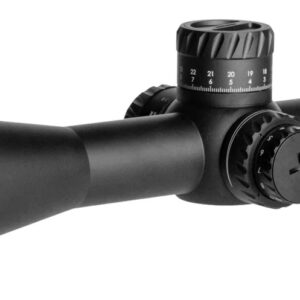 Black tactical rifle scope with adjustment turrets