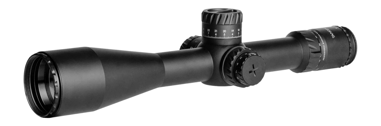 Black tactical rifle scope with adjustment turrets