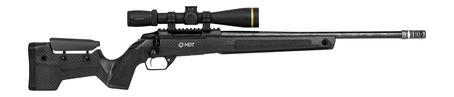 Black bolt-action precision rifle with mounted scope
