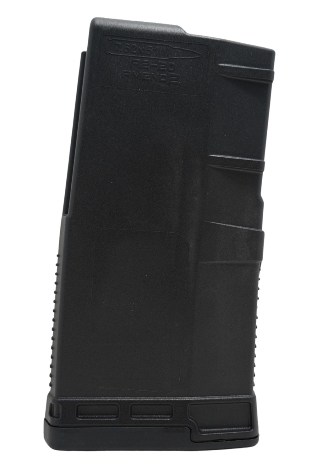 Black 7.62x51 polymer rifle magazine on white background