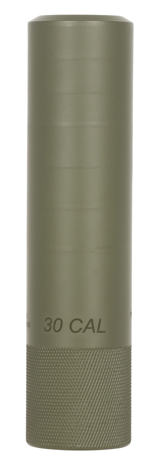 Olive green 30-caliber cylindrical firearm suppressor