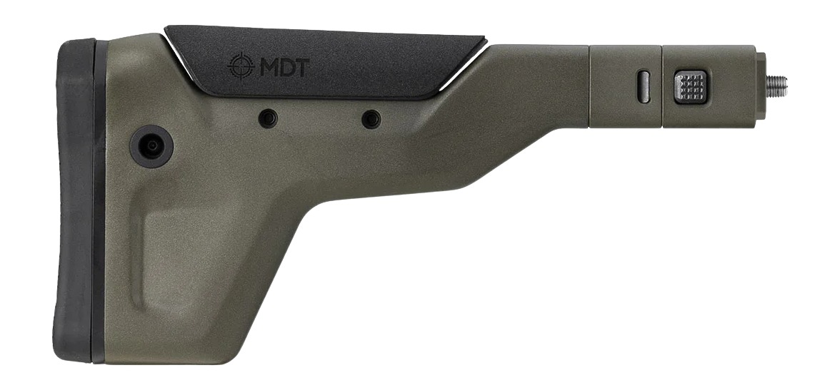 Olive green MDT adjustable rifle buttstock side view