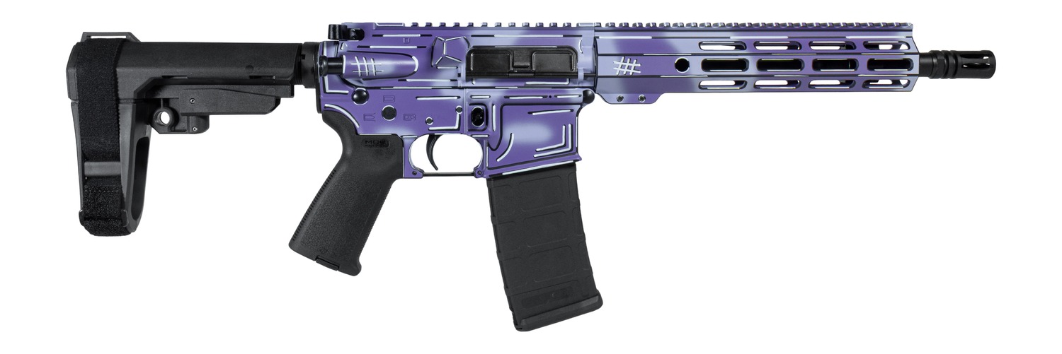 Purple and black AR-style pistol with brace