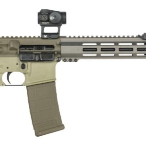 Olive-drab AR-style rifle with optic and weapon light