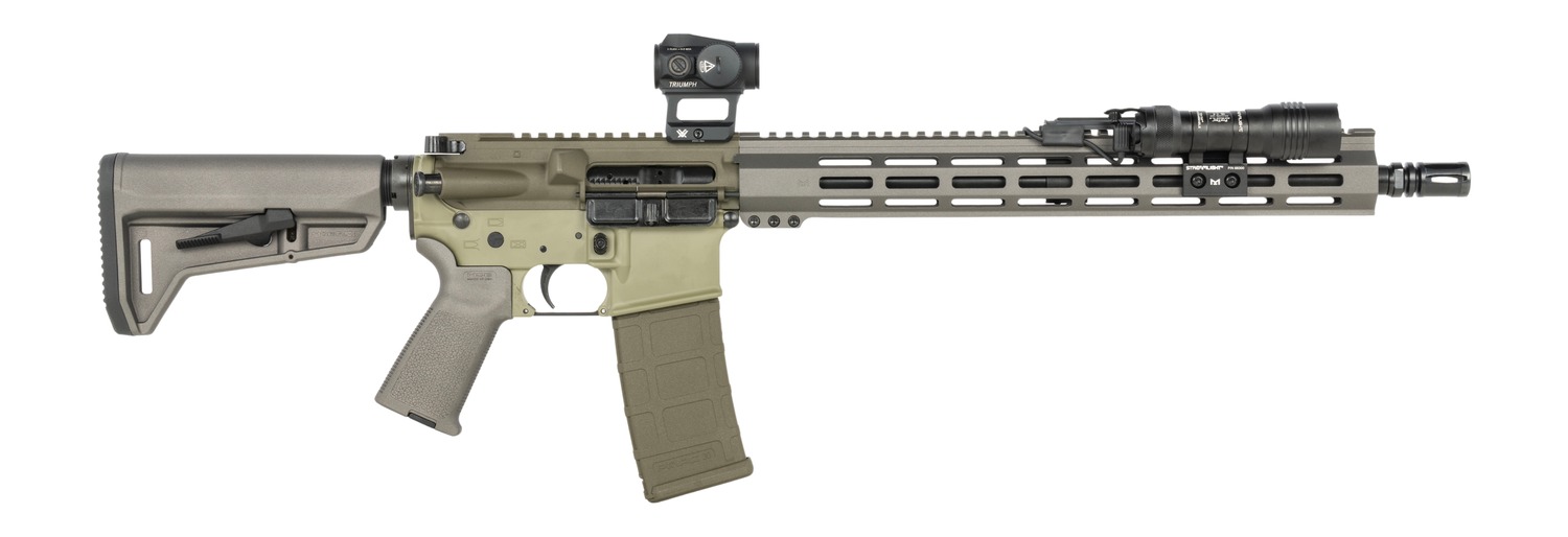 Olive-drab AR-style rifle with optic and weapon light