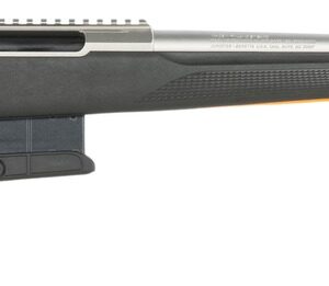 Bolt-action rifle with black stock and stainless barrel