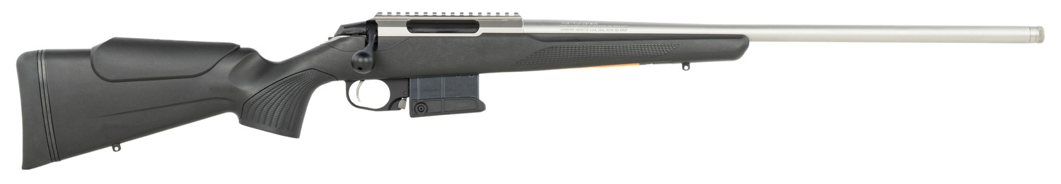 Bolt-action rifle with black stock and stainless barrel