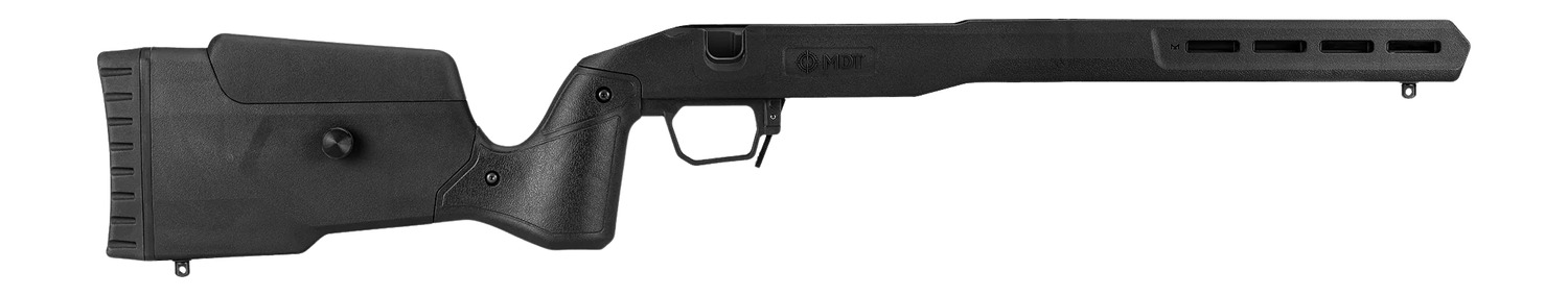Black MDT rifle chassis stock assembly on white background