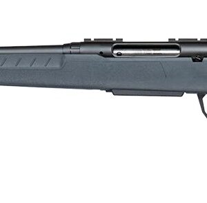 Black bolt-action rifle with synthetic stock on white background
