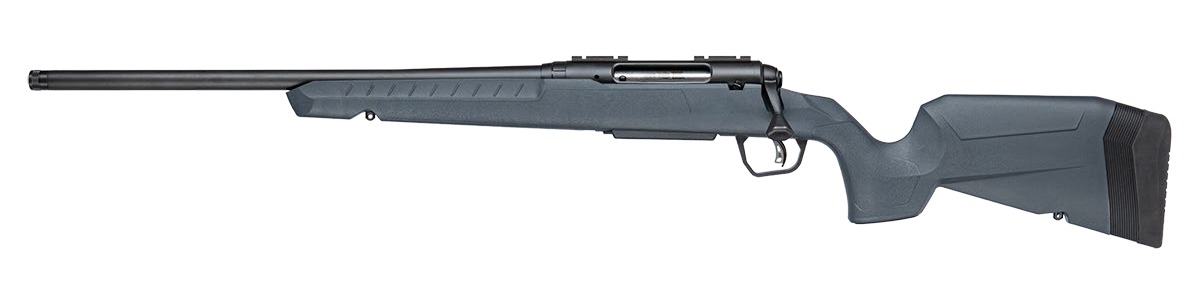 Black bolt-action rifle with synthetic stock on white background