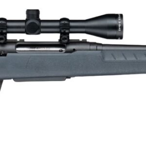 Black bolt-action rifle with mounted scope