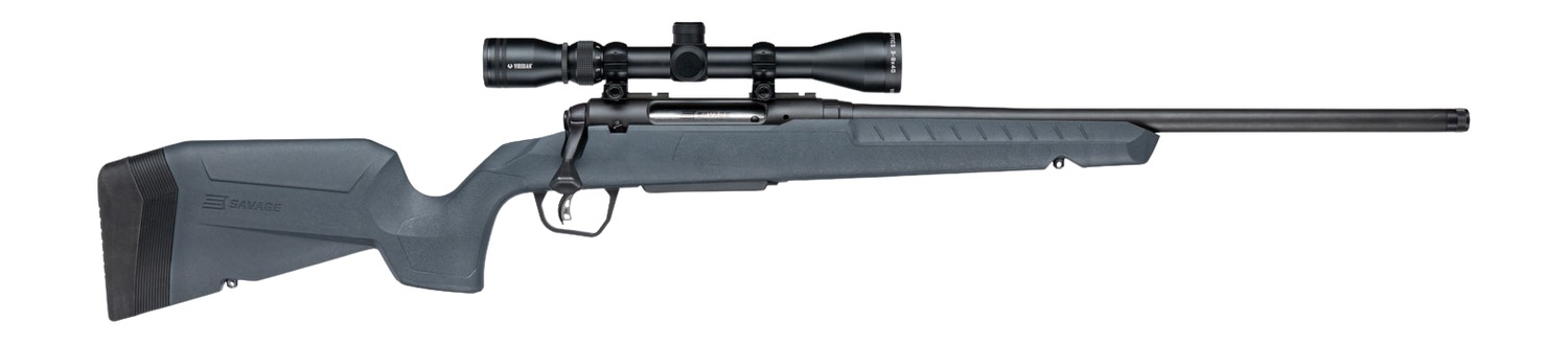 Black bolt-action rifle with mounted scope