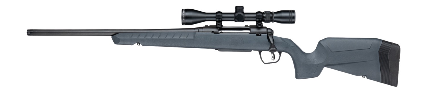 Black bolt-action rifle with mounted scope on white background