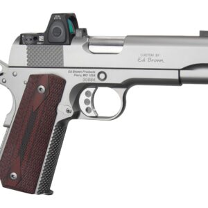 Custom stainless 1911-style pistol with red wood grips