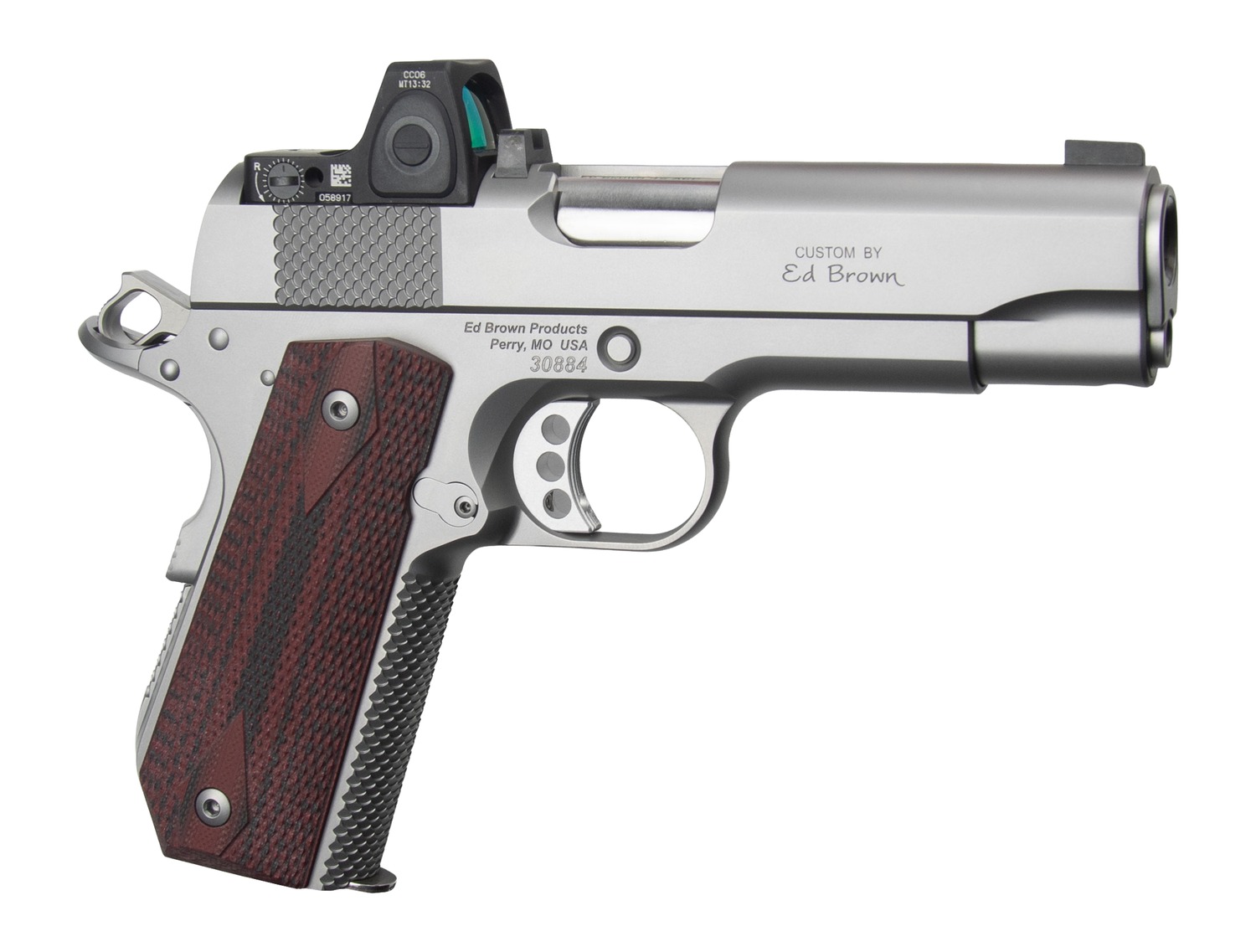Custom stainless 1911-style pistol with red wood grips