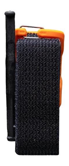 Black and orange handheld two-way radio with antenna