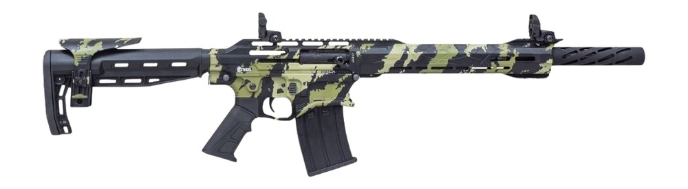 Green camouflage tactical rifle with adjustable stock