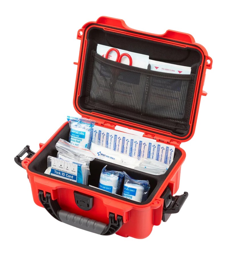 Open red hard case stocked with first aid supplies