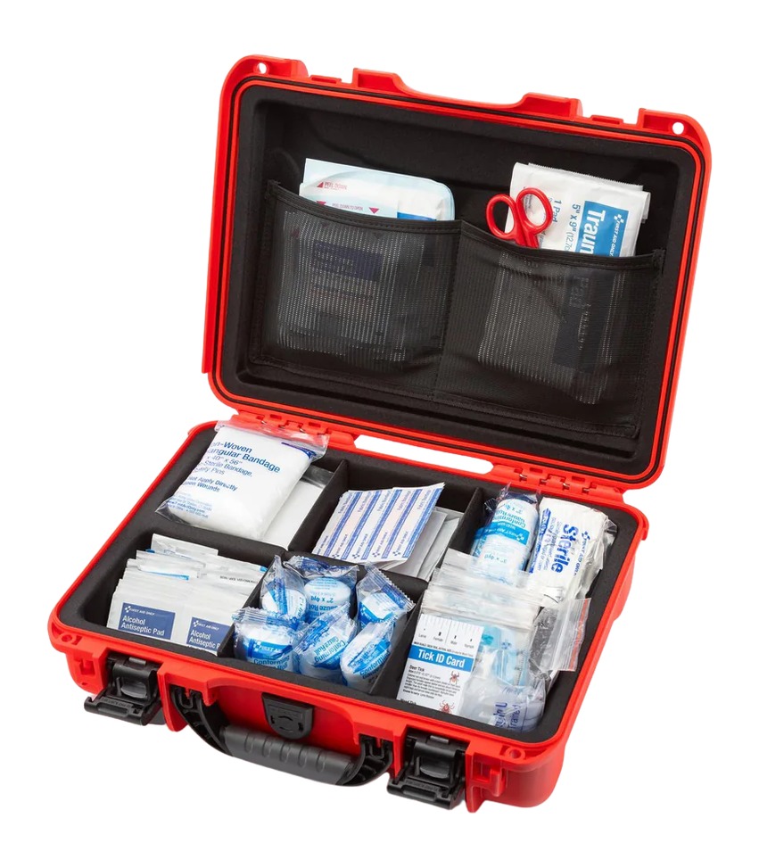 Open red hard-shell first aid kit with medical supplies