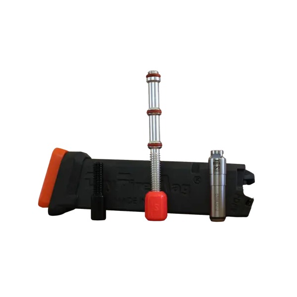 Black tool holder with metal attachments and red accents