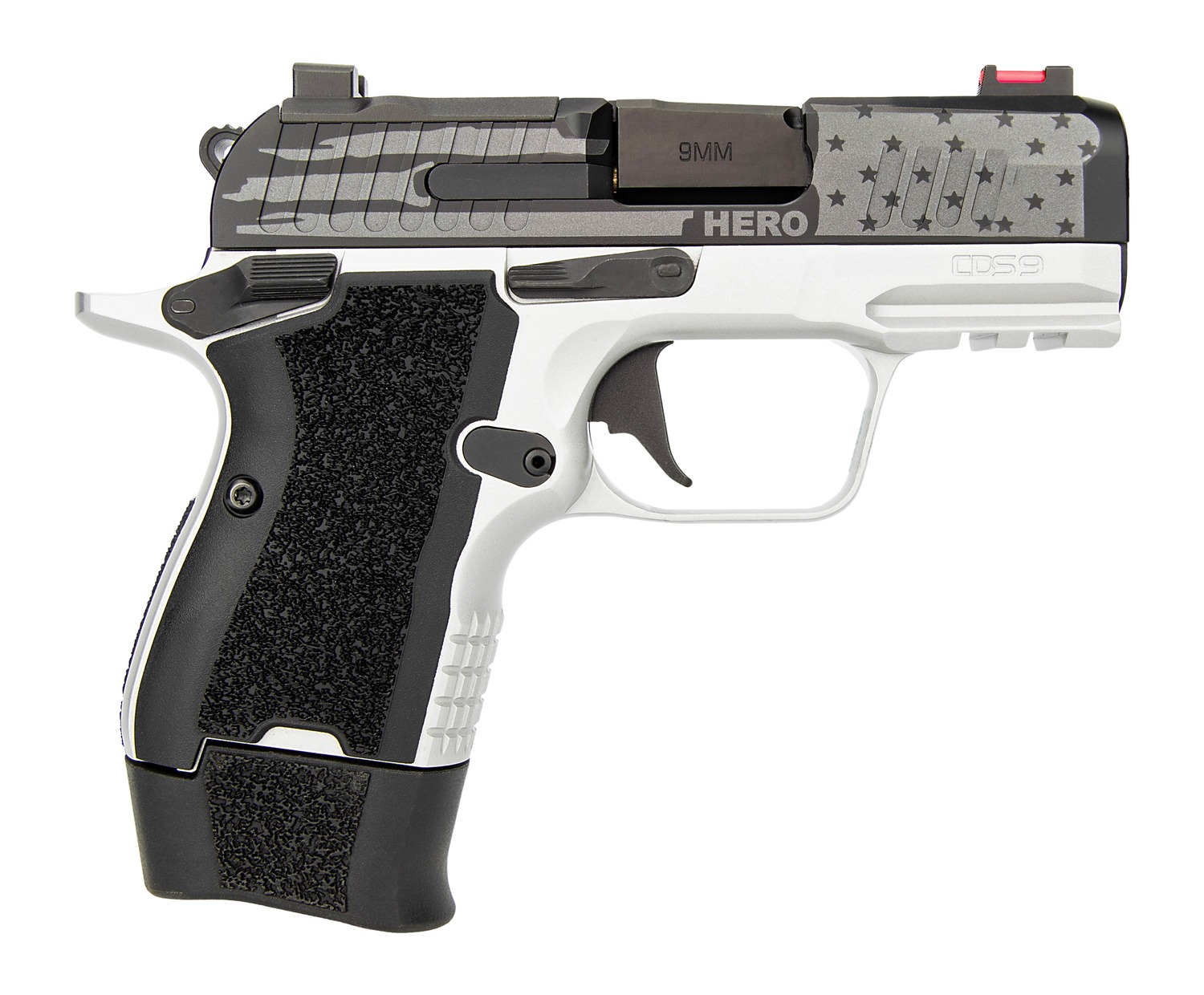 Patriotic black-and-white 9mm semi-automatic handgun