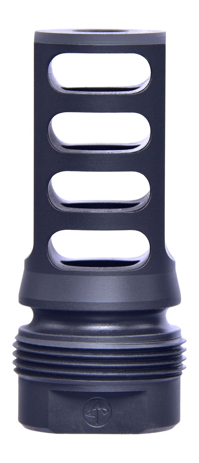 Black threaded firearm muzzle brake with four rectangular ports