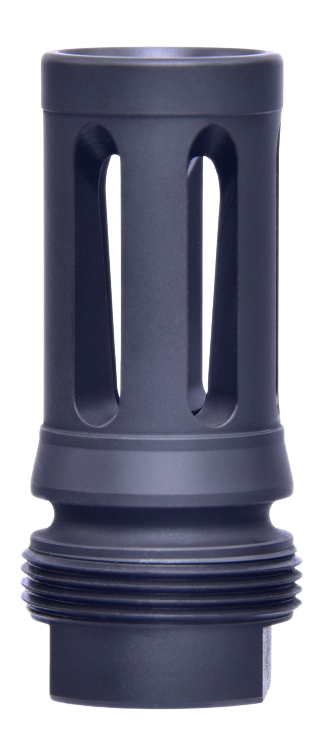 Black slotted rifle muzzle device with threaded base