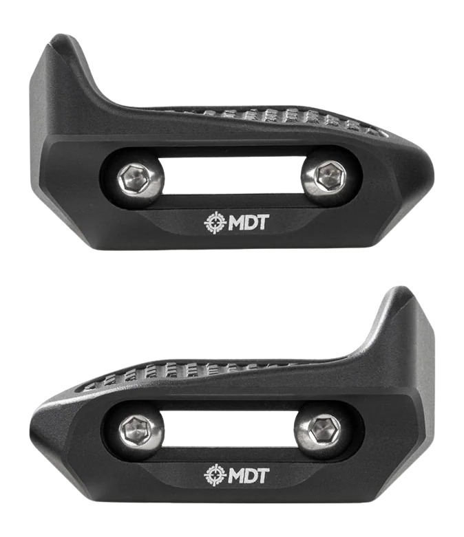 Pair of black MDT rifle barricade stops