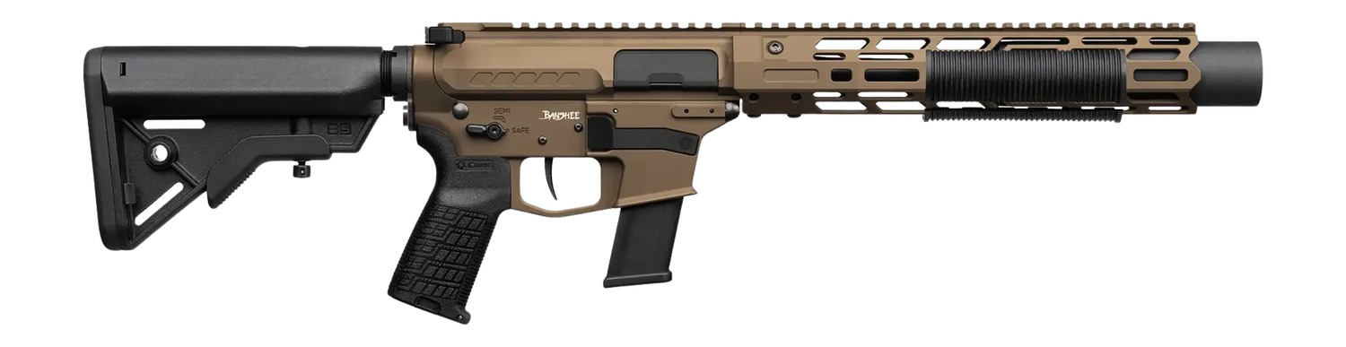 Tan and black compact tactical rifle side view