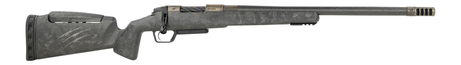 Side view of a bolt-action rifle with muzzle brake