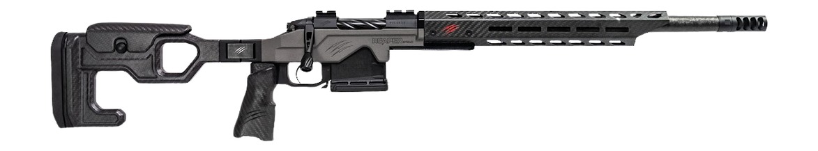 Black precision bolt-action rifle with adjustable stock and muzzle brake