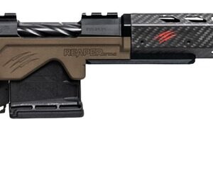 Black and bronze bolt-action precision rifle on white background