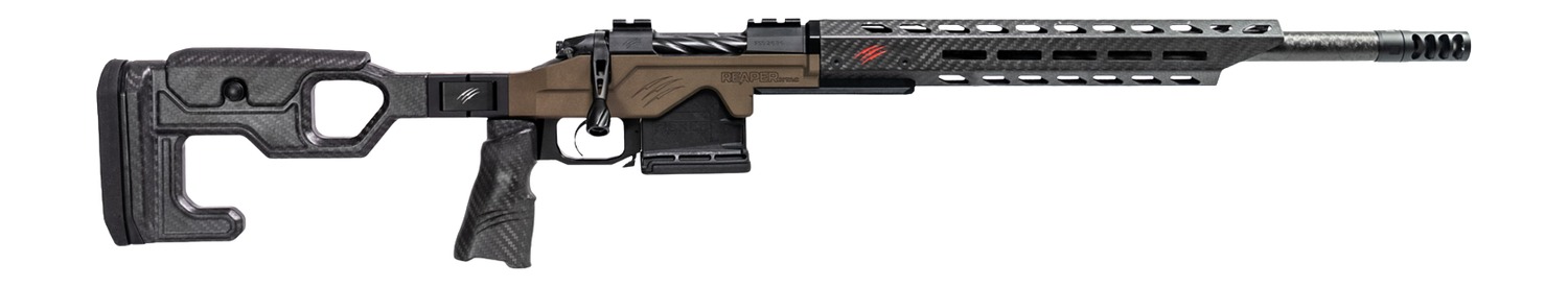 Black and bronze bolt-action precision rifle on white background