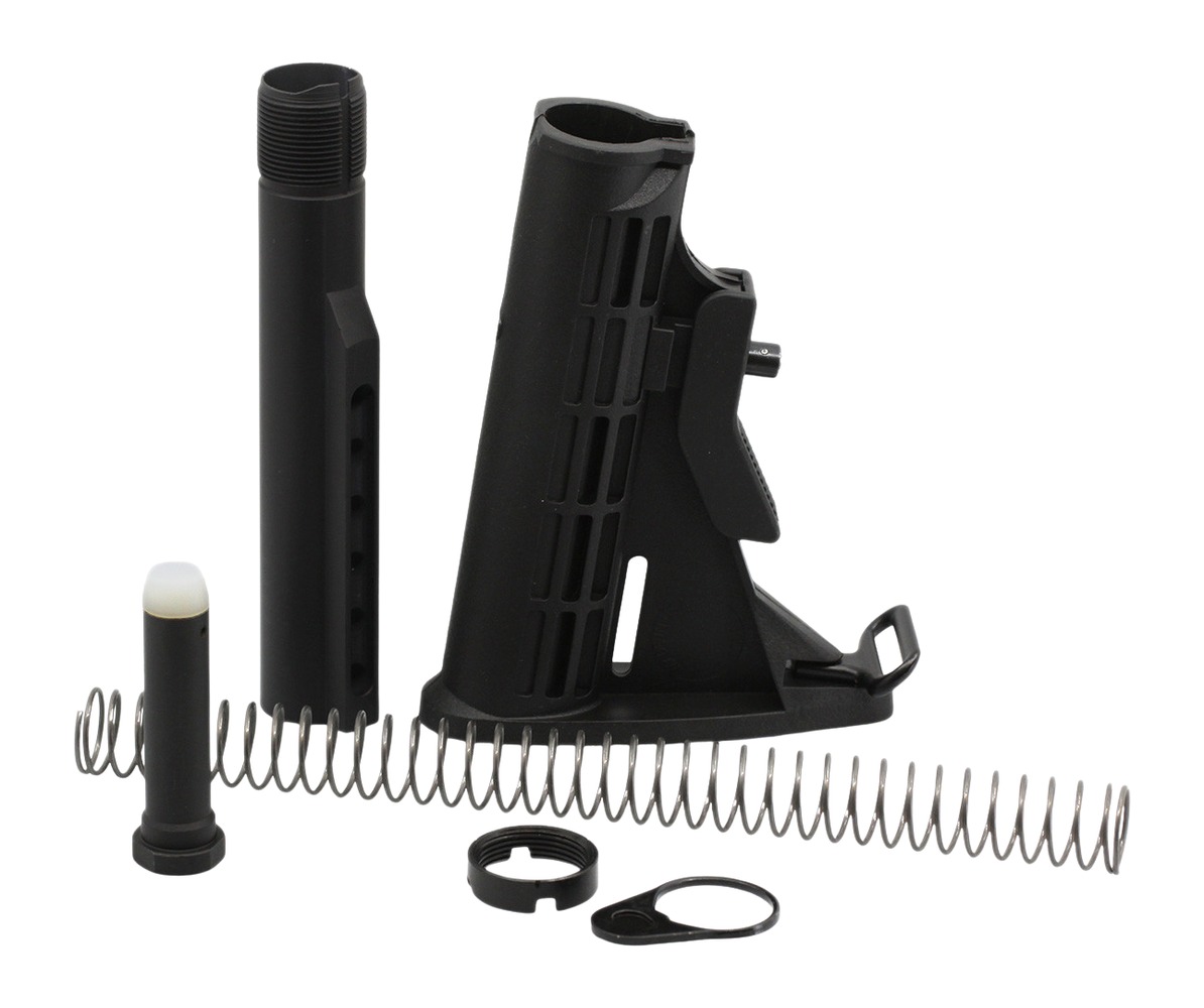 Black rifle stock, buffer tube, spring, and hardware
