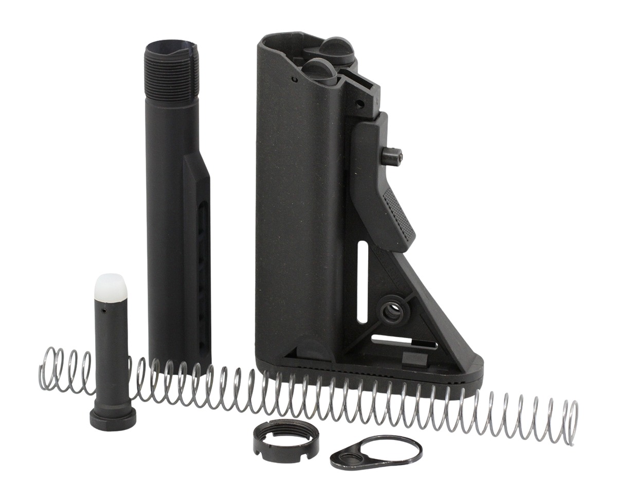 Black collapsible rifle stock assembly with buffer tube and spring