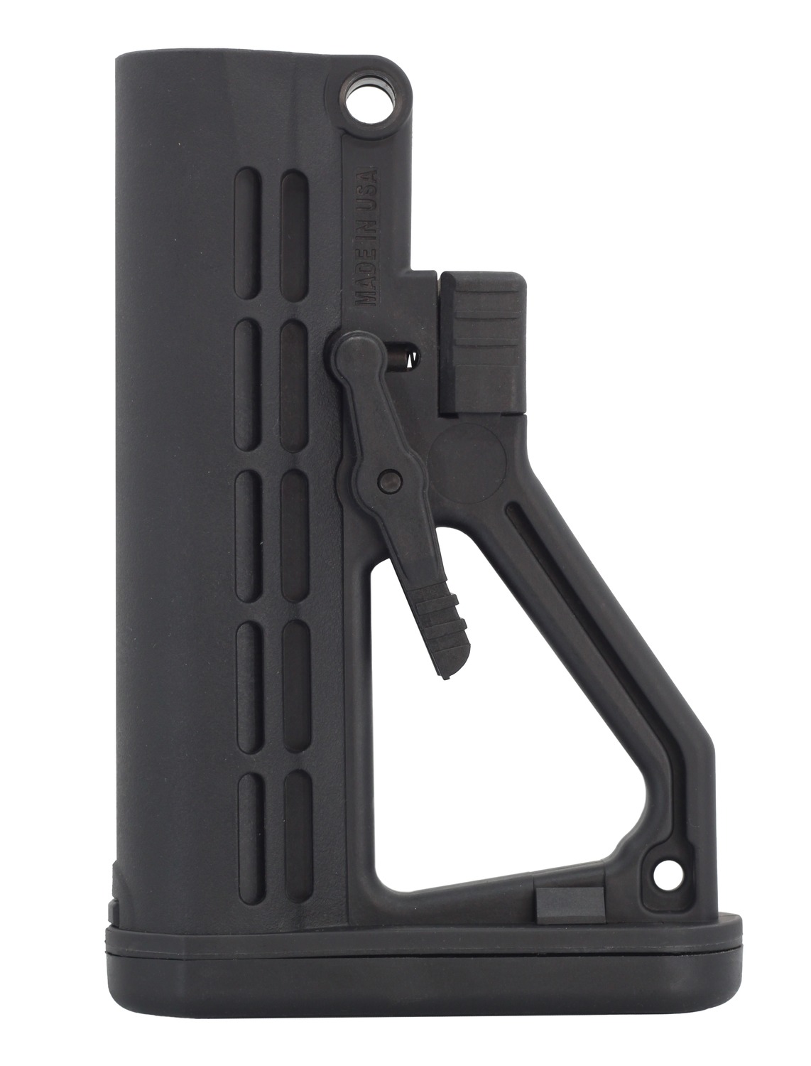 Black adjustable firearm stock with pistol grip