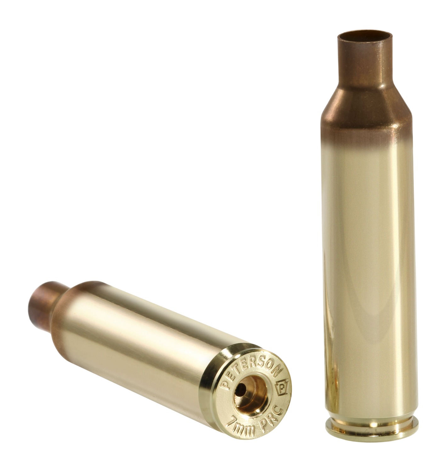Two brass 7mm PRC rifle cartridge cases