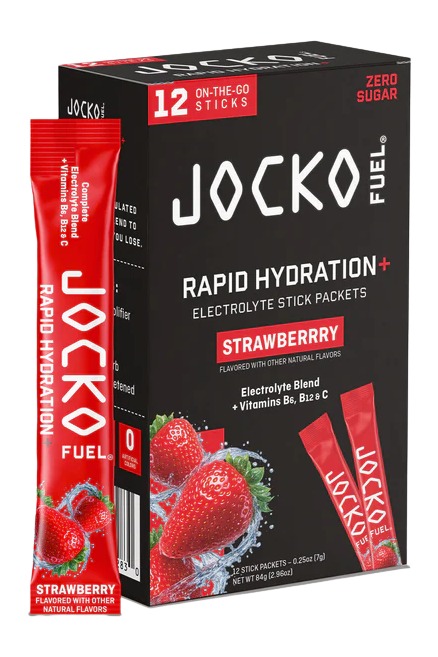 JOCKO Fuel strawberry rapid hydration electrolyte stick packets box