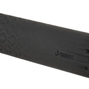 Black Taurus firearm suppressor with textured cylindrical body